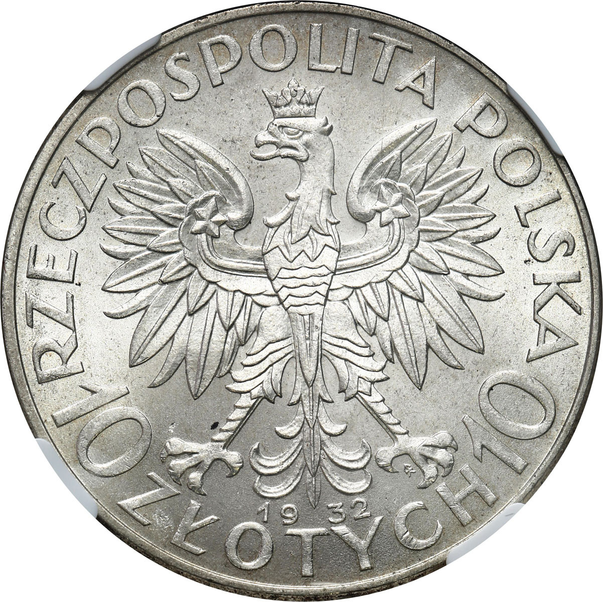 II RP. 10 złotych 1932 głowa kobiety (ze znakiem), Warszawa NGC MS64 - PIĘKNE
